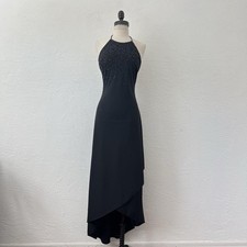 VTG black formal beaded halter high neckline tiered high low maxi dress 4