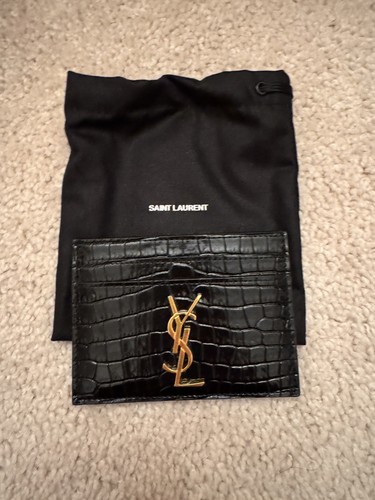 Saint Laurent Cassandre Croc Embossed Shiny Leather Card Case Black New 