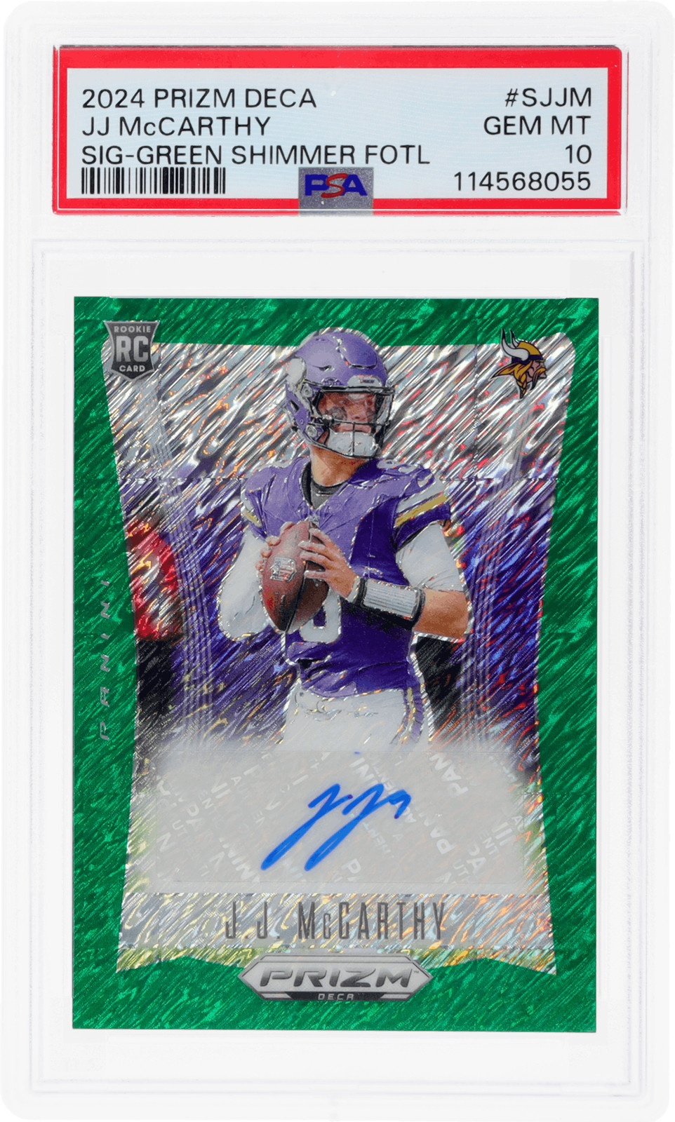 2024 Panini Prizm Deca JJ Mccarthy Auto Green Shimmer Fotl #SJJM /25 PSA 10