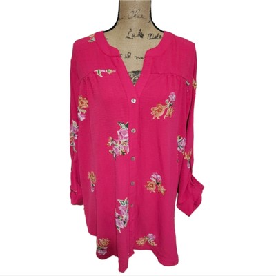 Anthropologie x Fig & Flower Hot Pink floral Embroidered Button Down Shirt New