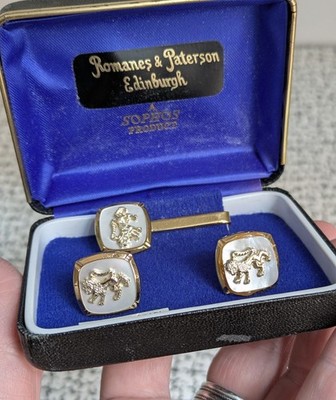Vintage Retro Sophos Gold Tone & Mother Of Pearl MOP Cufflink Tie Pin Set Boxed