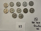 Washington Quarters Lot Of 12 PRE 1964 90% Silver 25C USED CIRCULATED (H3)