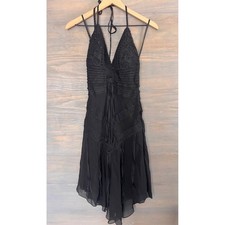 Sue Wong Vintage Y2K Black Silk Beaded Halter Dress Handkerchief Hem Fairy Sz 6