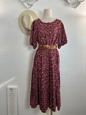 Floral burgundy skater dress women L cotton button tier ruffles soft boho pocket