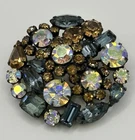 Vintage Aurora Borealis AB Rhinestone Brooch Pin Costume Jewelry MCM Silver Tone