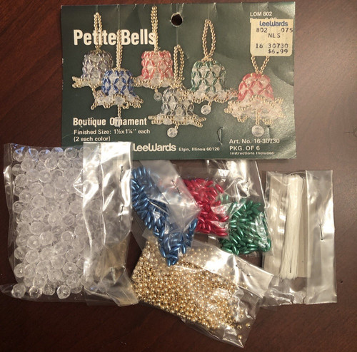 Vintage LeeWards Petite Bells Beaded Pearl Christmas Ornament Kit Red Gold Pkg 6