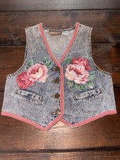 Vintage 90s Kids Denim Vest Size 10 Hand Painted Floral Cottagecore Upcycled