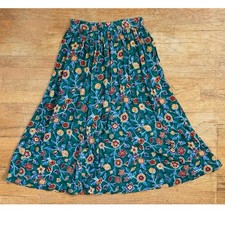 Vintage Floral Print Midi Skirt Size Small 28" Waist 90s Green Flower Art Rayon