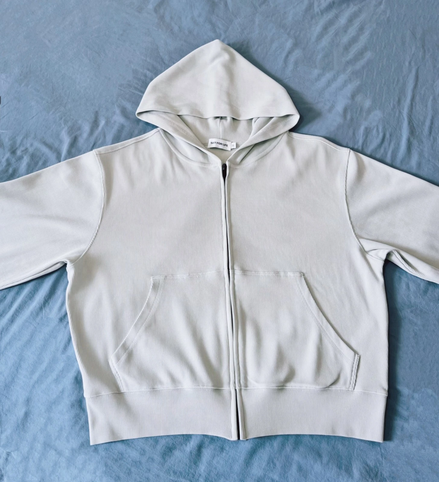 Cooling knit Lightweight Hoodie Cloud Blue Ribbed Zip Up Summer Hoodie Boxy Over