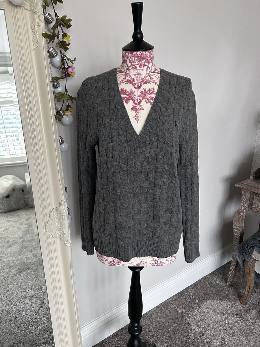 Polo Ralph Lauren Women Grey V Neck Cable Knit Jumper Size L RL