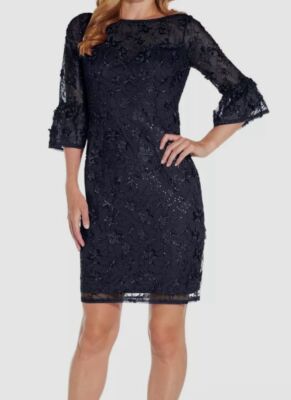 Adrianna Papell Women's Blue Sequin Embroidered Sheath Dress Size 12