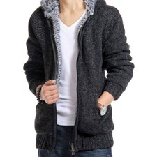 Uomo Falsa Pelliccia Giacca Knited Zip Felpa con Cappuccio Inverno Top Maglieria