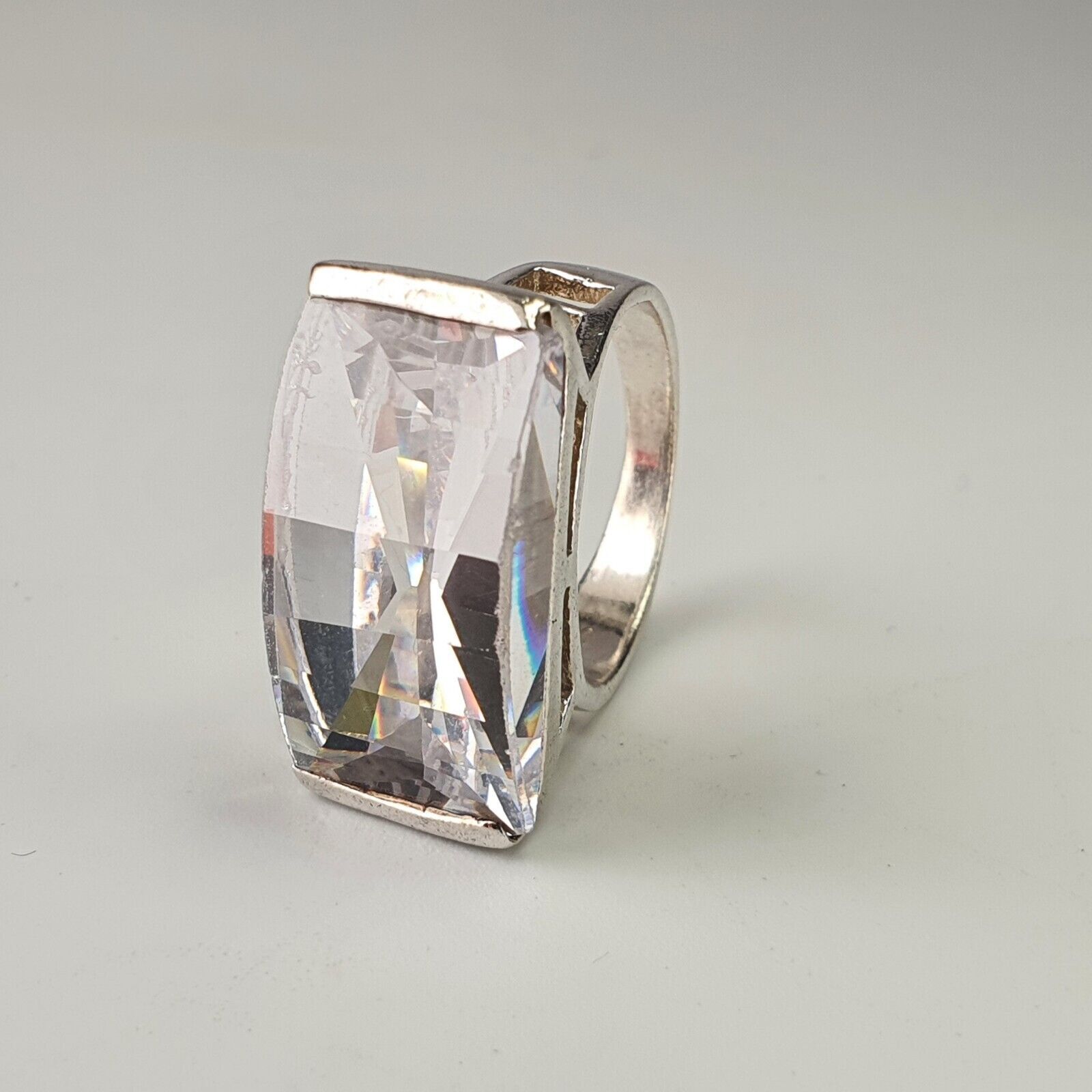 Solid Sterling Silver Large Rectangular Clear Gem… - image 1