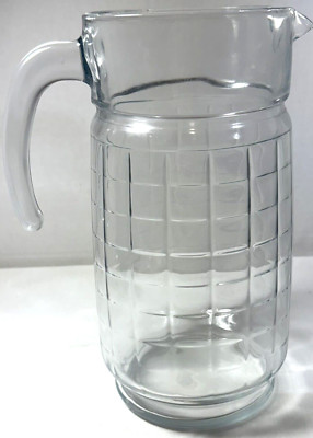 Vtg Clear Pasabahce Glass Pitcher Handle Cubic Block Pressed Design  9'' x 5'' MCM
