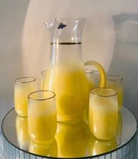 West Virginia Glass Company Lemon Yellow Pitcher and 6 Glasses | vintage set