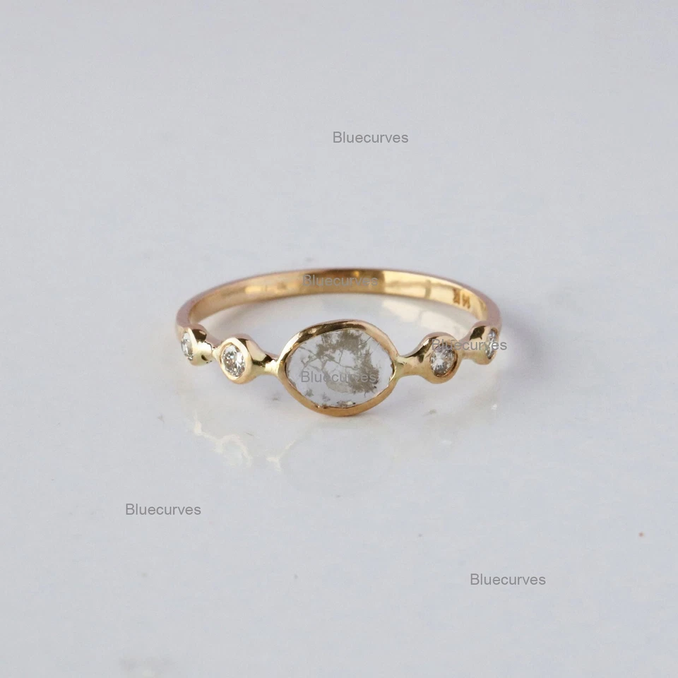 Anillo apilable de diamantes de rebanada real en oro amarillo sólido de 14 k hecho a mano joyería fina Foto 4 de 4