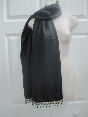 Black Neck Scarf Combo Shawl with Dangling Beaded Trim Vintage - Picture 2 of 17
