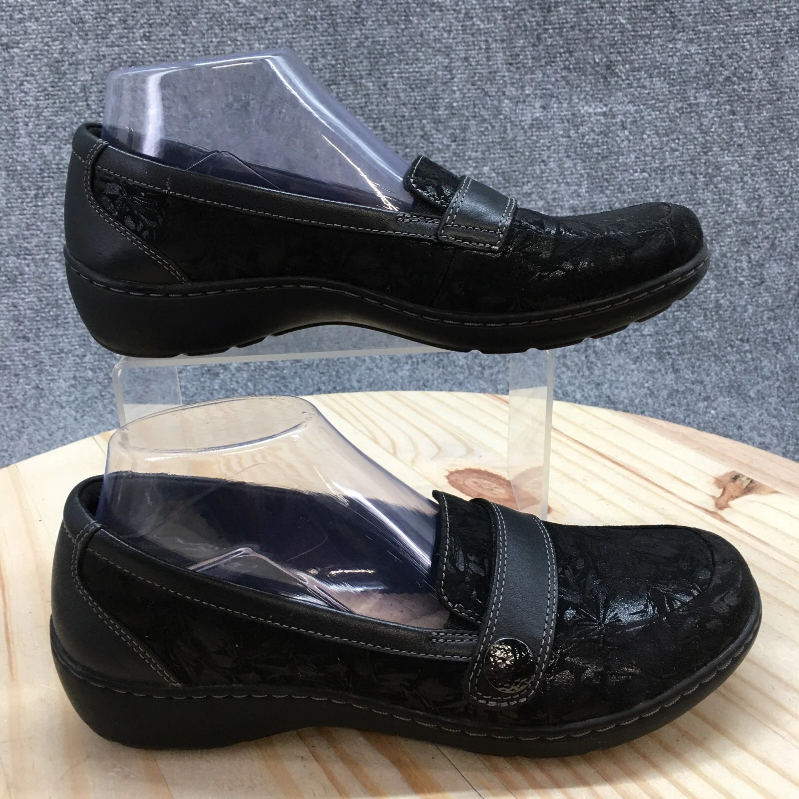 Scarpe Clarks donna 8M nero Cora margherita mocassino floreale goffrato slip on ballerine