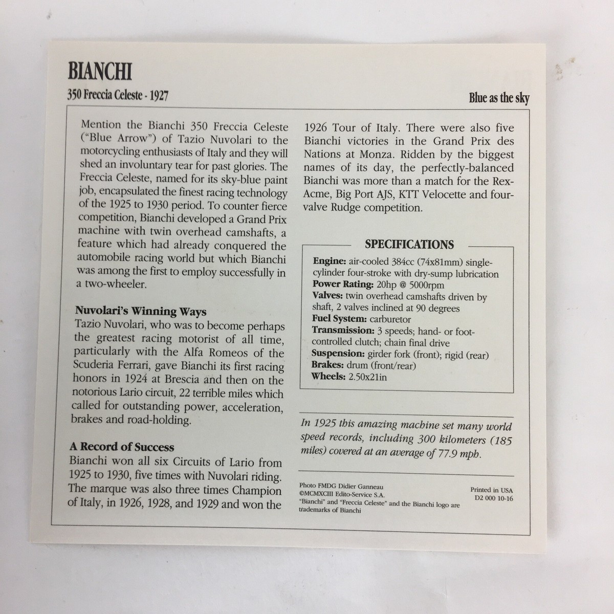 Bianchi 350 Freccia Celeste - 1927 Spec Sheet Info Card | eBay