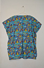 Women s Large Blue Christmas Tree Ornament Dove Bow Short Sleeve Scrub Top