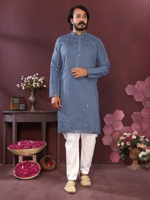 Bridal Gallery Ensemble Kurta Pajama Prêt-À-Porter Soie & Coton Blanc Homme - Photo 1/4