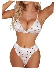 Women's Bra and Panty Sets Satin Silk Lingerie Set 2 Piece Bralette Small White