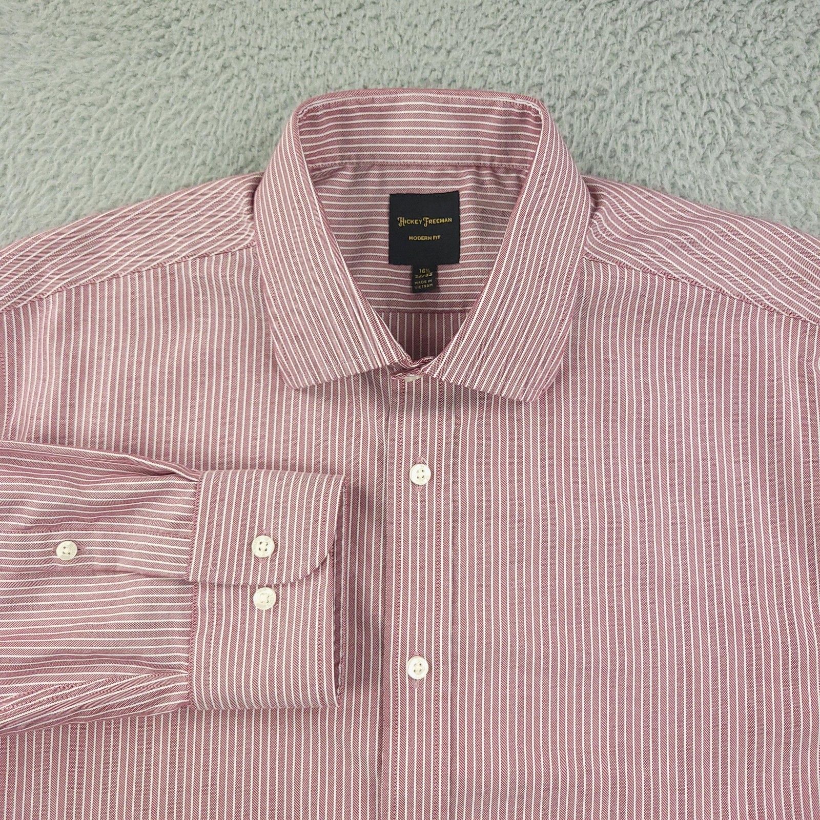 Hickey Freeman Shirt Mens 16.5 32/33 Red White Stripe Modern Fit Dress