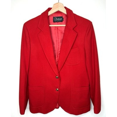 Vintage Chaus Wool Blazer 13/14 Women Red Gold Buttons Crest Preppy Academia Old