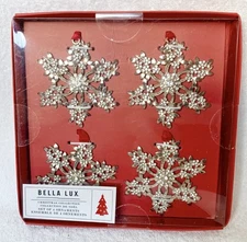 NEW Bella Lux Set 4 Snowflake Metal and Rhinestone Christmas Ornaments 3 1/2”