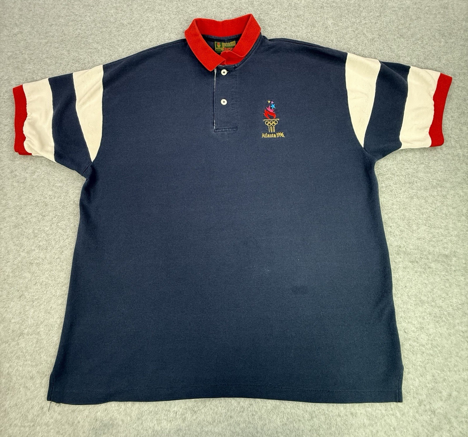 Vtg Olympics 1996 Polo Shirt Atlanta Mens L Hanes USA Made Striped Ringed Blue