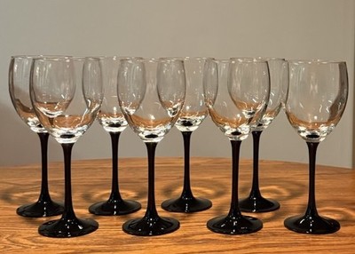 Vintage Luminarc France Domino Black Stem Water Wine Glasses Set of 8 Retro