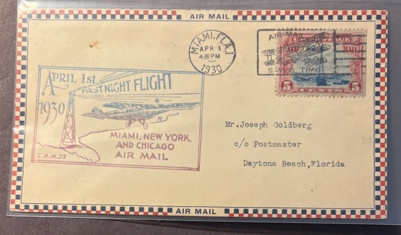 #C11 First Night Flight (CAM 25), 4/1/1930, Miami, NY, Chicago, Miami cancel
