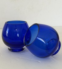 Cobalt Blue Art Glass Votive Candle Holder Set Cut Rim Clear Base Heavy Round