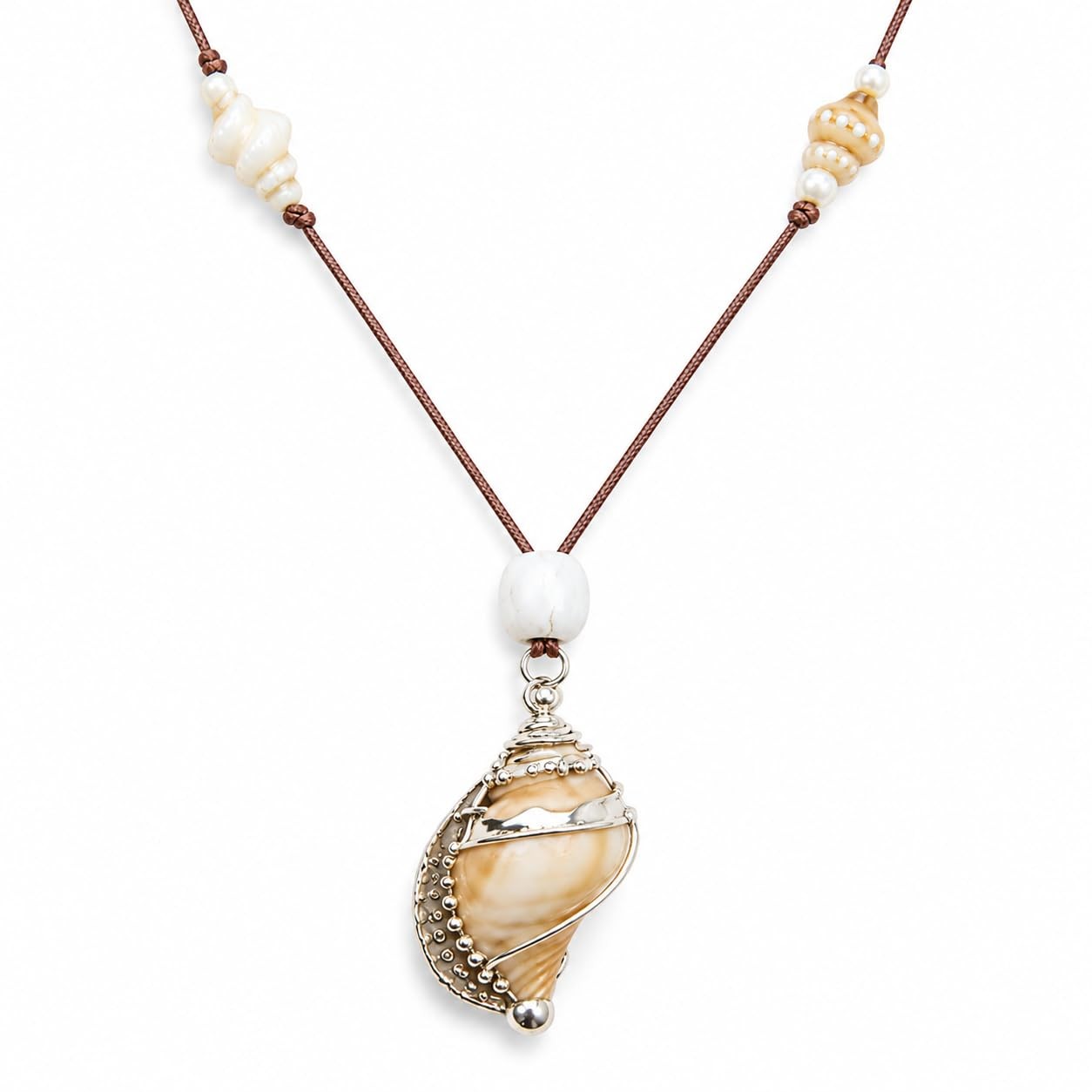 Boho Conch Shell Necklace for Women, Silver Tone Wrapped Seashell Pendant Jew...