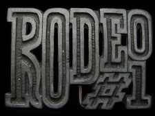 KJ09158 REALLY NICE VINTAGE 1970s CUT-OUT RODEO 1 PEWTER BELT BUCKLE