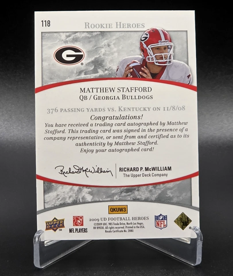 2009 UD Football Heroes Matthew Stafford RC Rookie On Card Auto 50/50 Lions Rams - Image 4 of 4