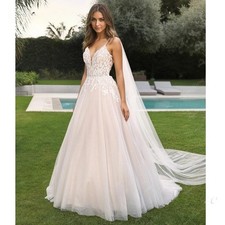 Spaghetti Straps V Neck Wedding Dresses for Bride Boho A-Line Tulle Customized