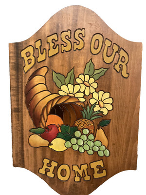 ''Bless our Home'' Engraved Wooden Wall Hanging, 17 3/4'' X 11 3/4'' X 3/4'', Vintage