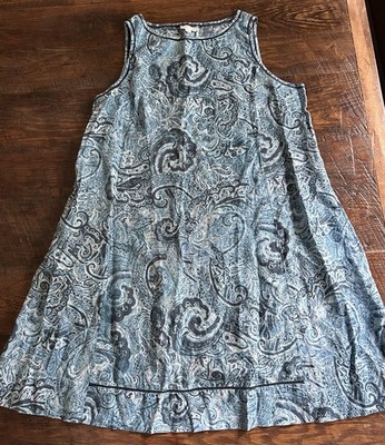 J Jill Love Linen Blue Paisley 100% Linen Sleeveless Shift Dress Size XL Beach