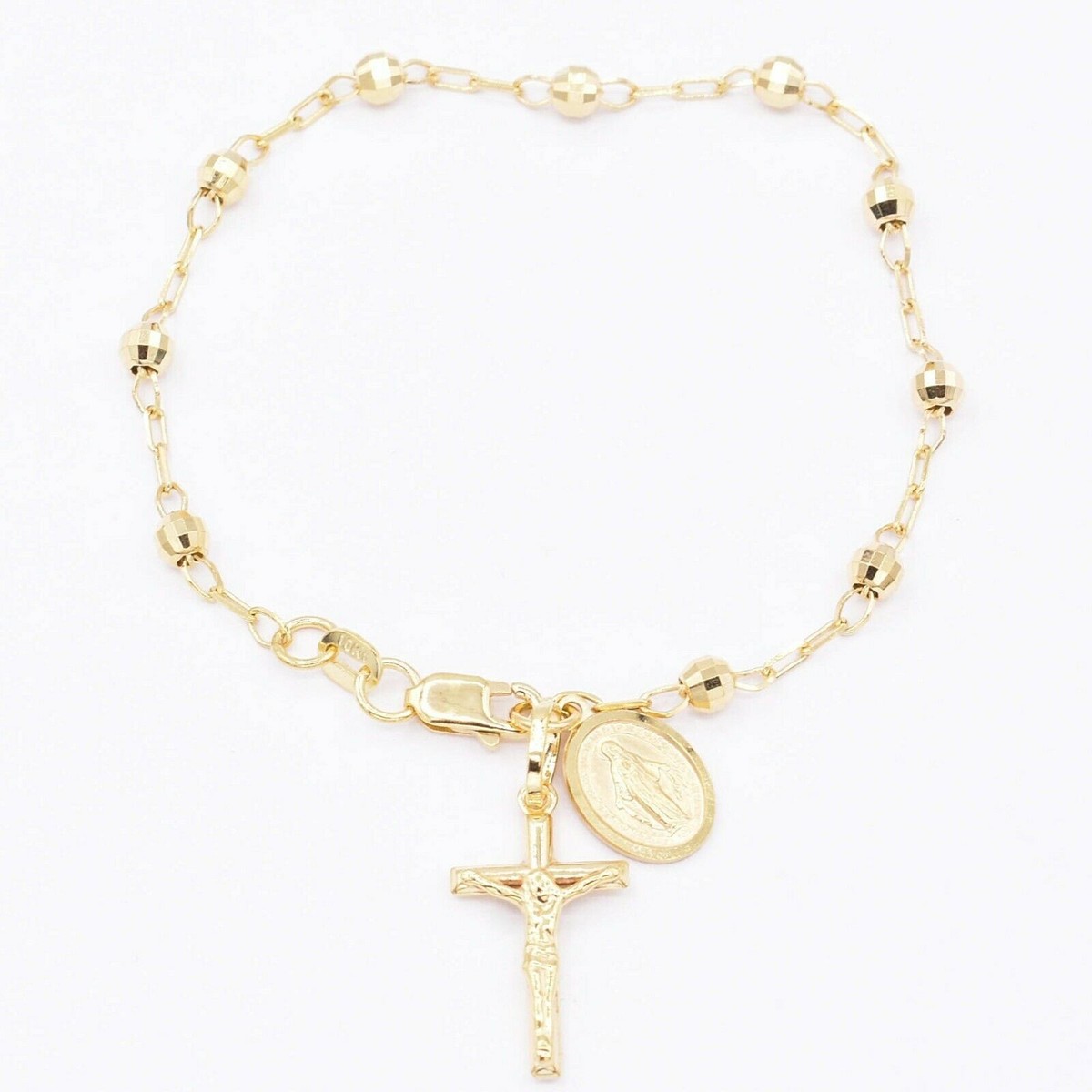 Textured Rosary Cross Virgin Mary Bracelet Real 10K Yellow Gold 7