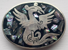 Vintage Mexico Silver Belt Buckle inlaid Abalone Quetzal Bird Aztec Mayan Design