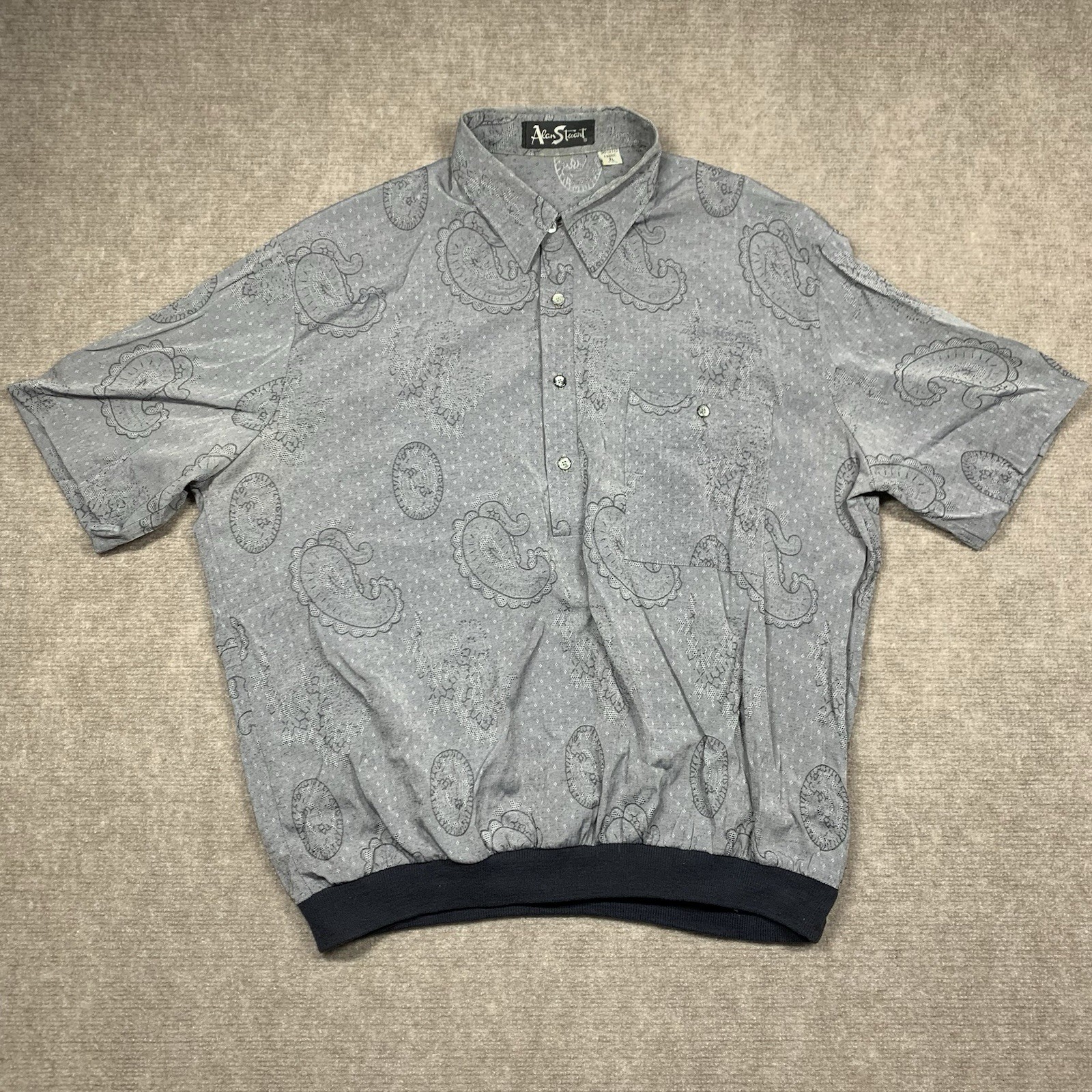 Alan Stuart Polo Shirt Banded Mens XL Gray Paisley Short Sleeve Vintage
