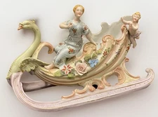Capodimonte Swan Sleigh Porcelain Cornucopia Centerpiece Vintage German Bisque