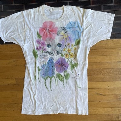Vintage 80s  one-of-a-kind, hand-painted Cat And Floral Graphic T with signature