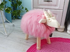PINK Ottoman, Nursery Room Decor Sheepskin Pouf, Kid's Room Real Fur Footstool
