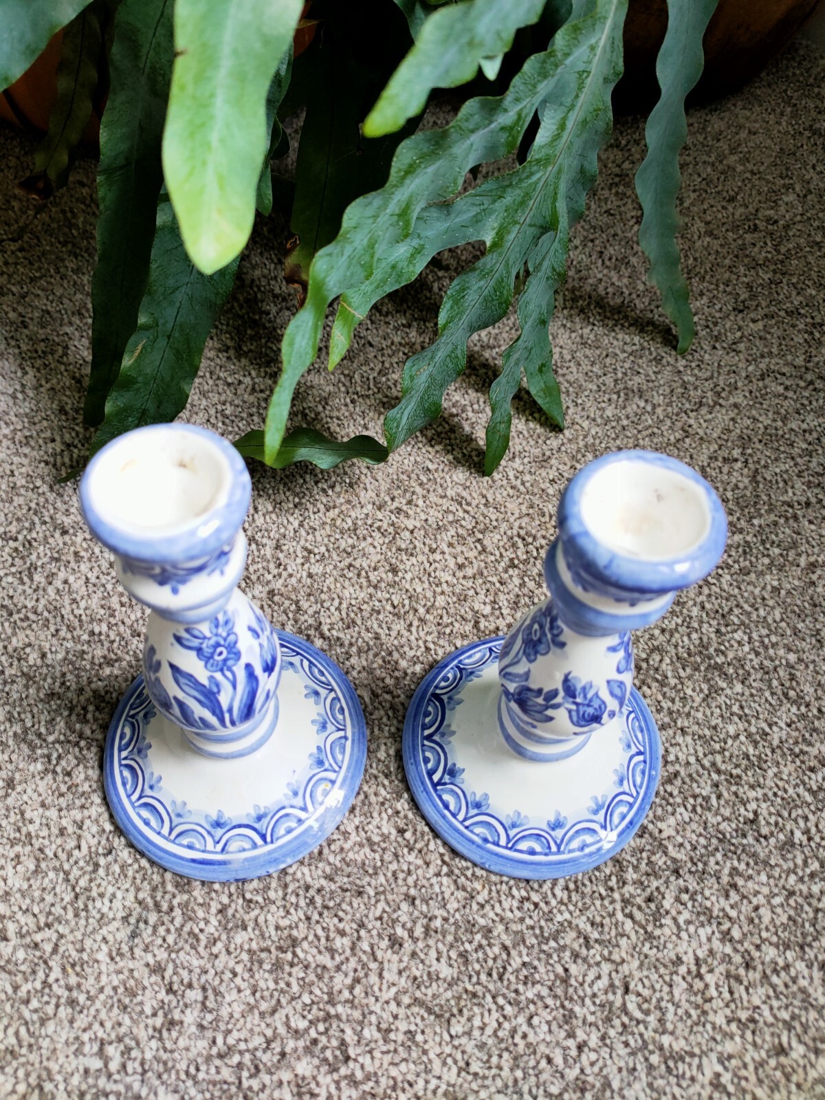 2 x HandPainted Delph Style Portuguese Ceramic Blue White Candle Stick