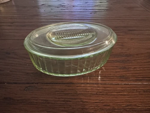Green Depression Glass Candy Bowl With Lid  6” Oval Ribbed Beautiful