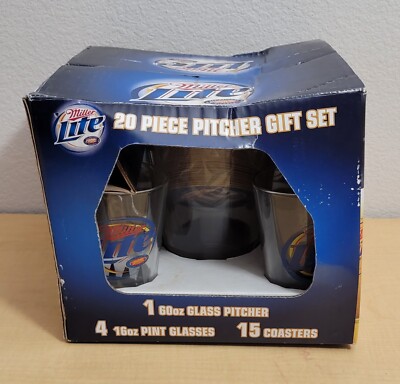Miller Lite Beer 20 Piece Gift Set 4 Beer Mugs 1 Pitcher 15 Coasters