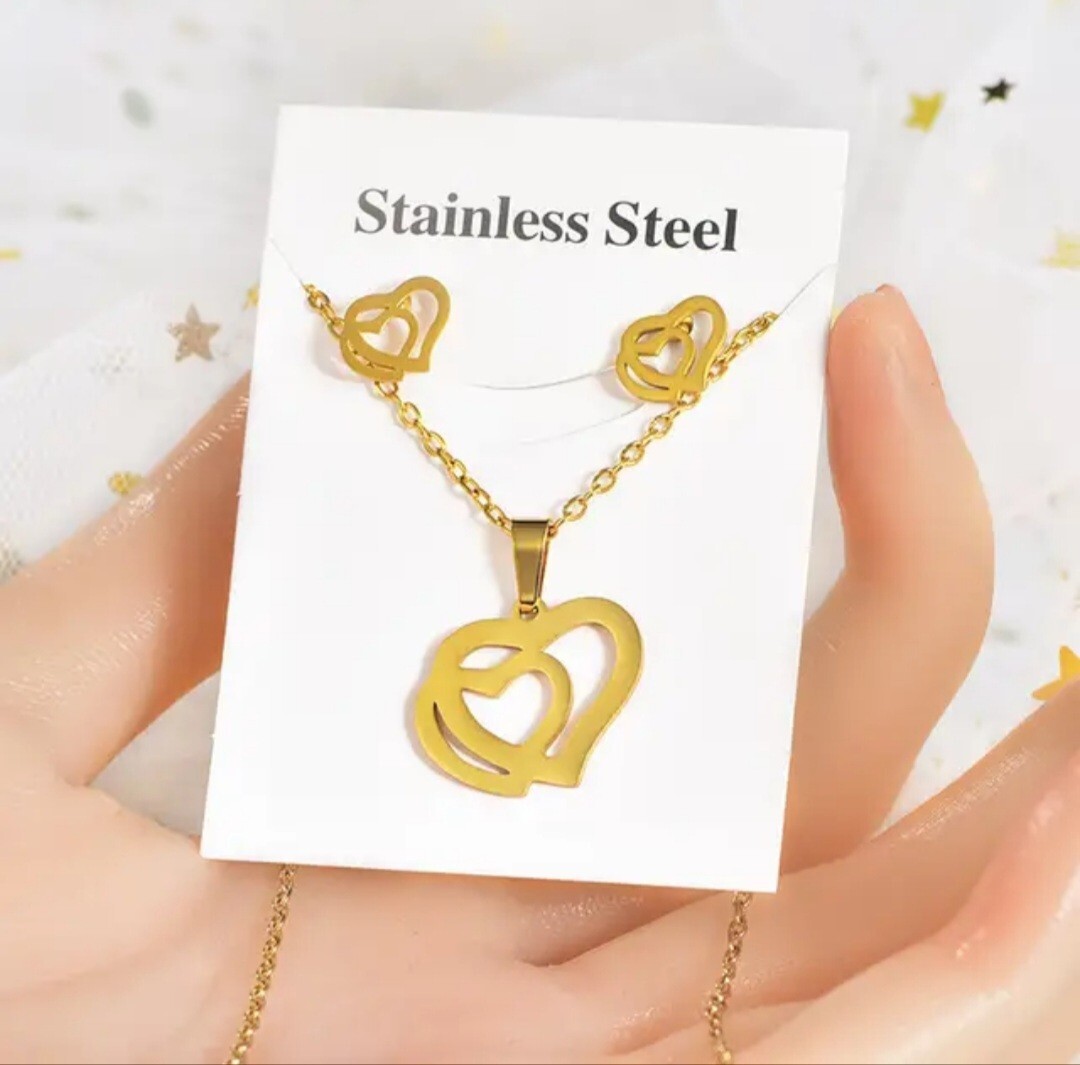 Gold Plated Stainless Steel Heart Necklace & Earrings Jewelry Set