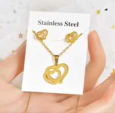 Set Gold Plated Stainless Steel Jewelry Necklace Heart Pendant Earrings Set